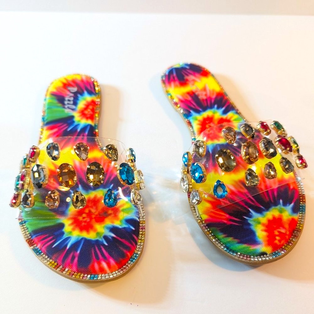 * Pazzle Colorful Tie Dye Rhinestone Trim Flat Sandals